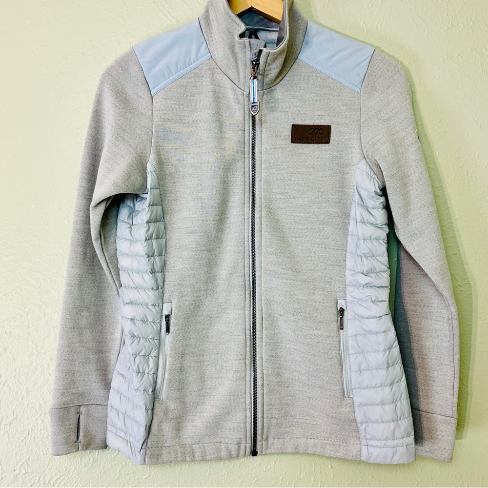 Kuhl Gray and Silver Puffer Jacket with Quilted Panels